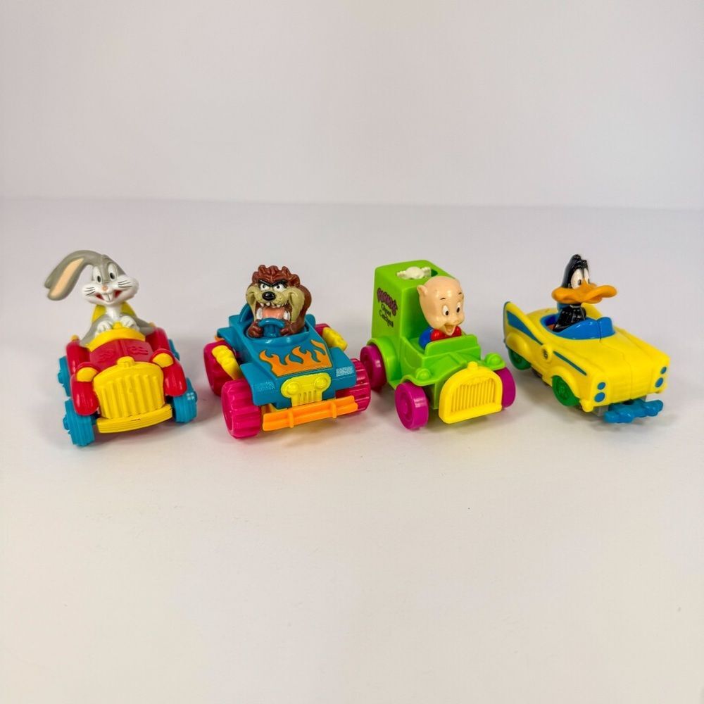 90s McDonalds Complete Set of 4 Looney Tunes Quack-Up Cars Happy Meal Toy | 1992
